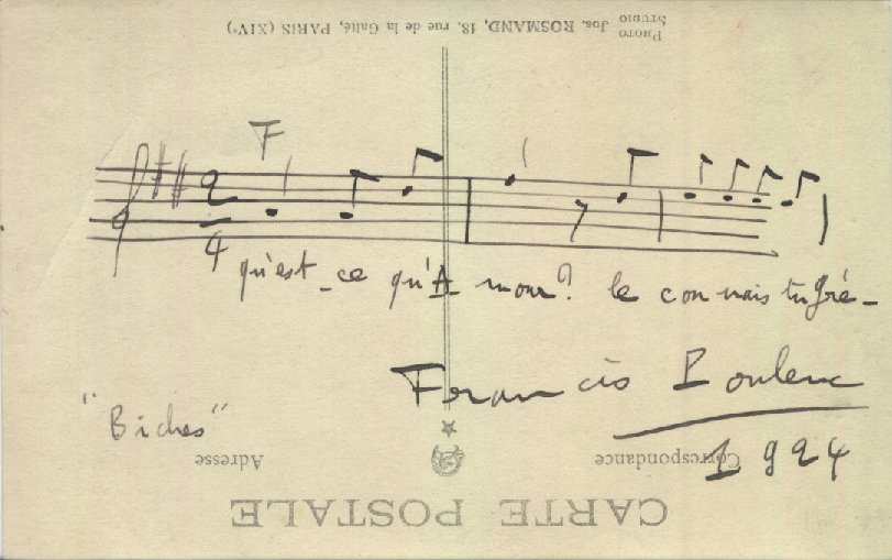Poulenc, Francis - Autograph Musical Quotation from Les Biches Signed